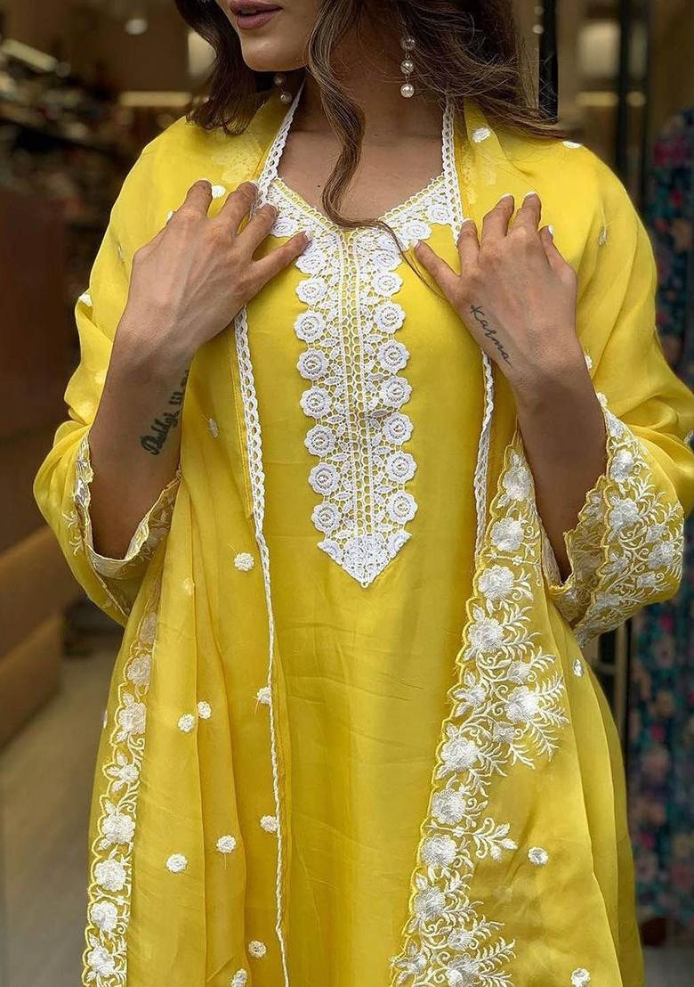 Yellow Floral Embroidered Poly Blend Kurta Set