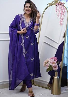 Purple Floral Embroidered Silk Kurta Set