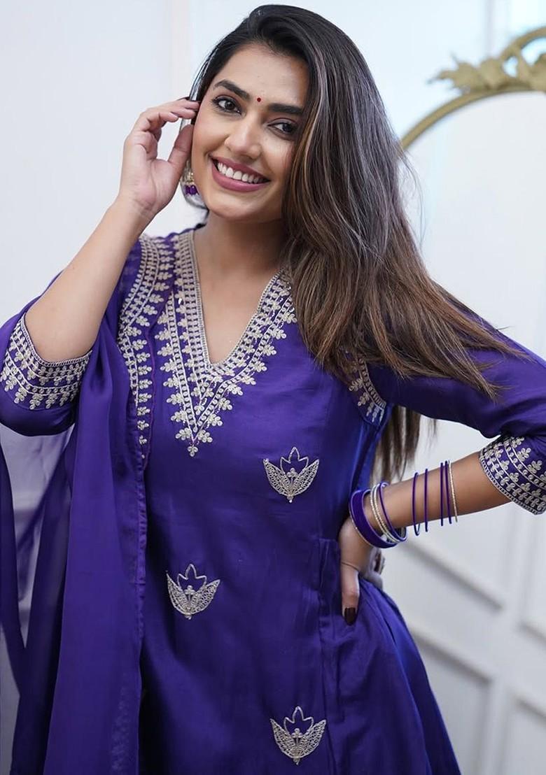 Purple Floral Embroidered Silk Kurta Set