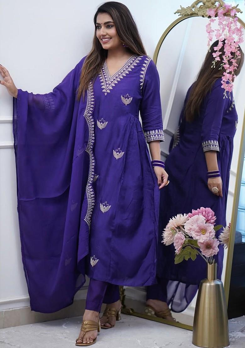 Purple Floral Embroidered Silk Kurta Set