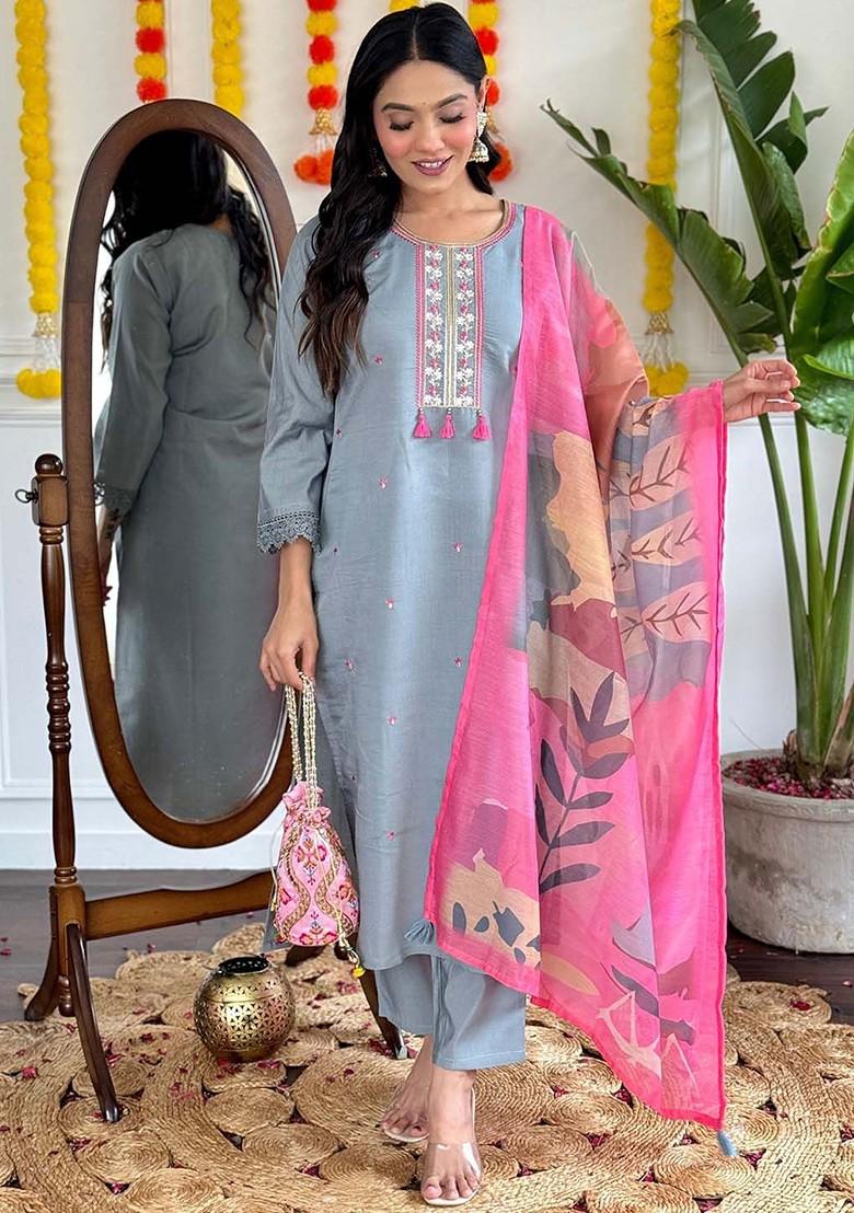 Grey Ethnic Motifs Embroidery Silk Kurta Set