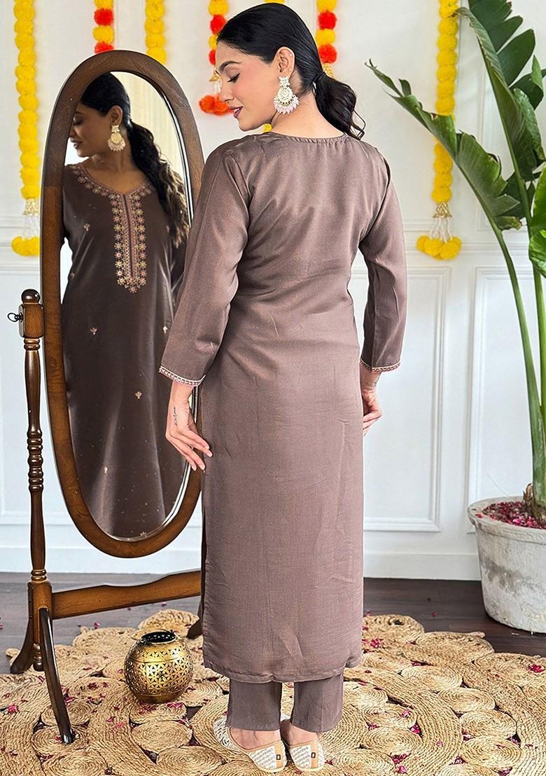 Brown Printed Silk Kurta Set
