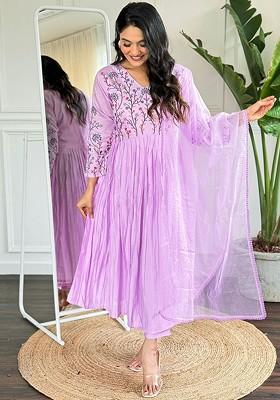 Purple Floral Embroidered Silk Kurta Set