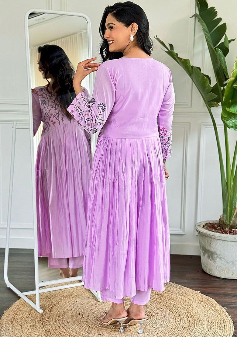 Purple Floral Embroidered Silk Kurta Set