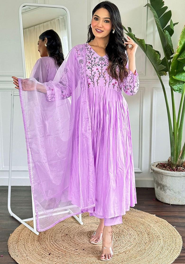 Purple Floral Embroidered Silk Kurta Set