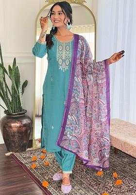 Blue Floral Embroidered Silk Kurta Set