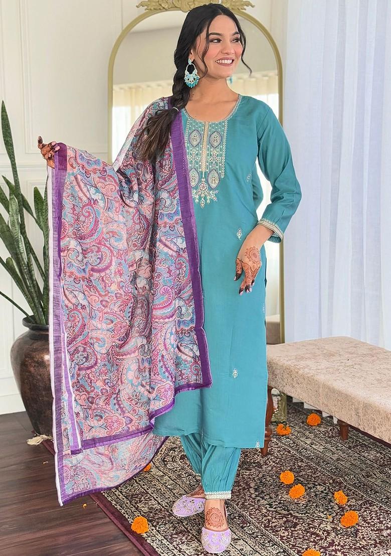 Blue Floral Embroidered Silk Kurta Set