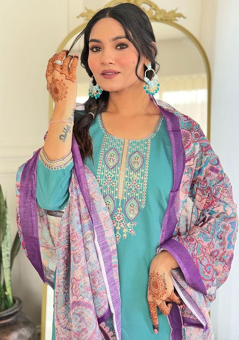 Blue Floral Embroidered Silk Kurta Set