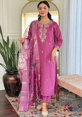 Pink Floral Embroidered Silk Kurta Set