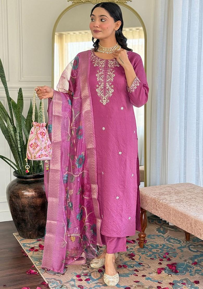 Pink Floral Embroidered Silk Kurta Set