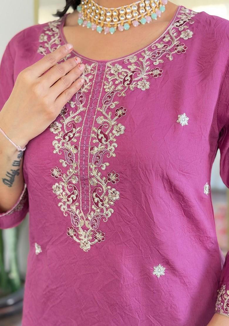 Pink Floral Embroidered Silk Kurta Set