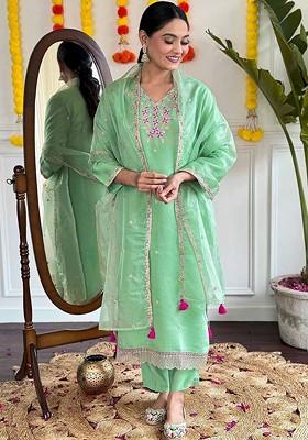 Green Printed Silk Kurta Set