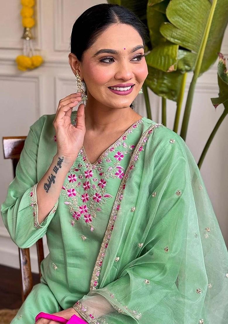 Green Printed Silk Kurta Set