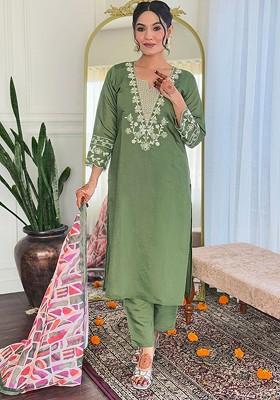 Olive Floral Embroidered Silk Kurta Set