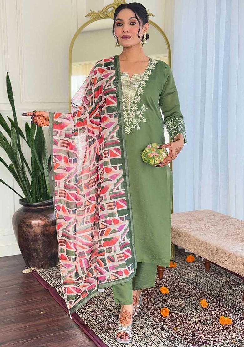 Olive Floral Embroidered Silk Kurta Set