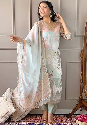 Olive Floral Embroidered Poly Blend Kurta Set