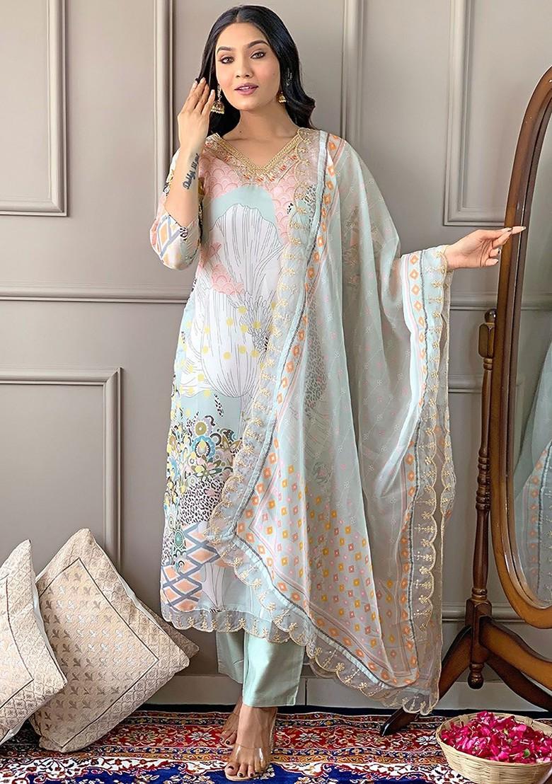 Olive Floral Embroidered Poly Blend Kurta Set