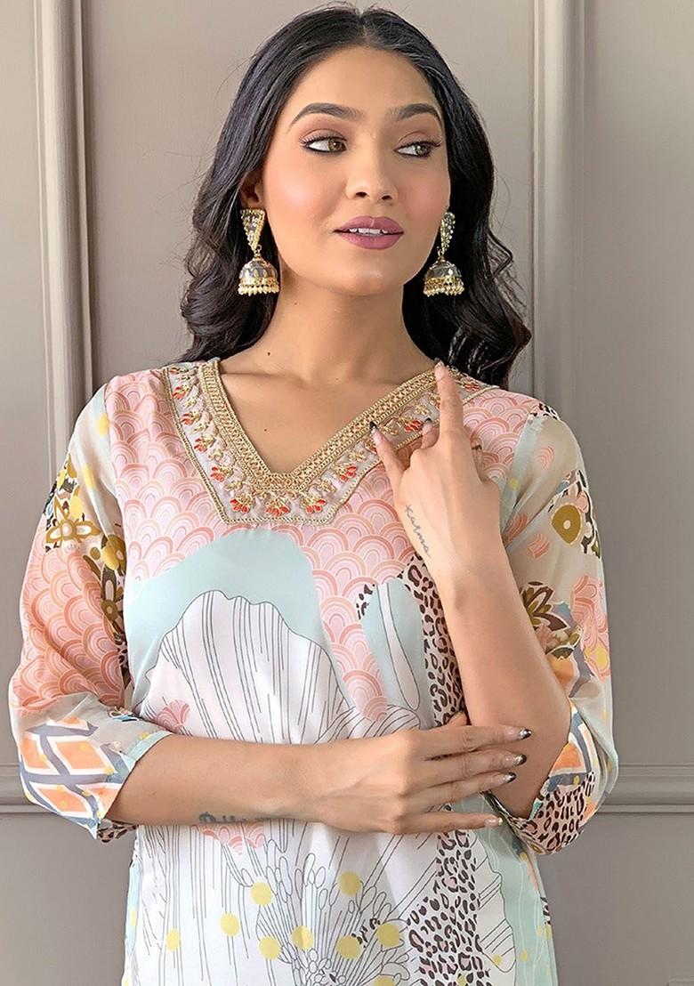 Olive Floral Embroidered Poly Blend Kurta Set