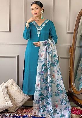 Blue Floral Embroidered Poly Blend Kurta Set
