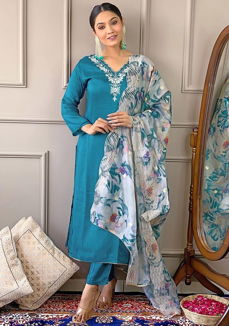 Blue Floral Embroidered Poly Blend Kurta Set