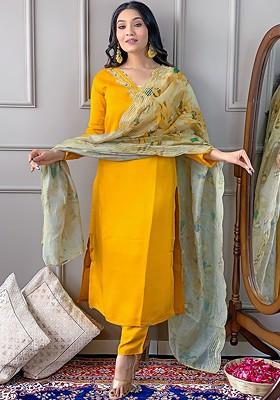 Yellow Floral Embroidered Poly Blend Kurta Set