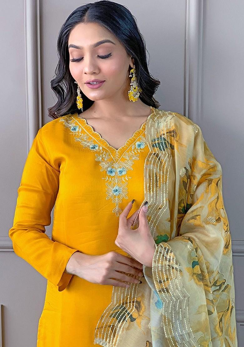 Yellow Floral Embroidered Poly Blend Kurta Set