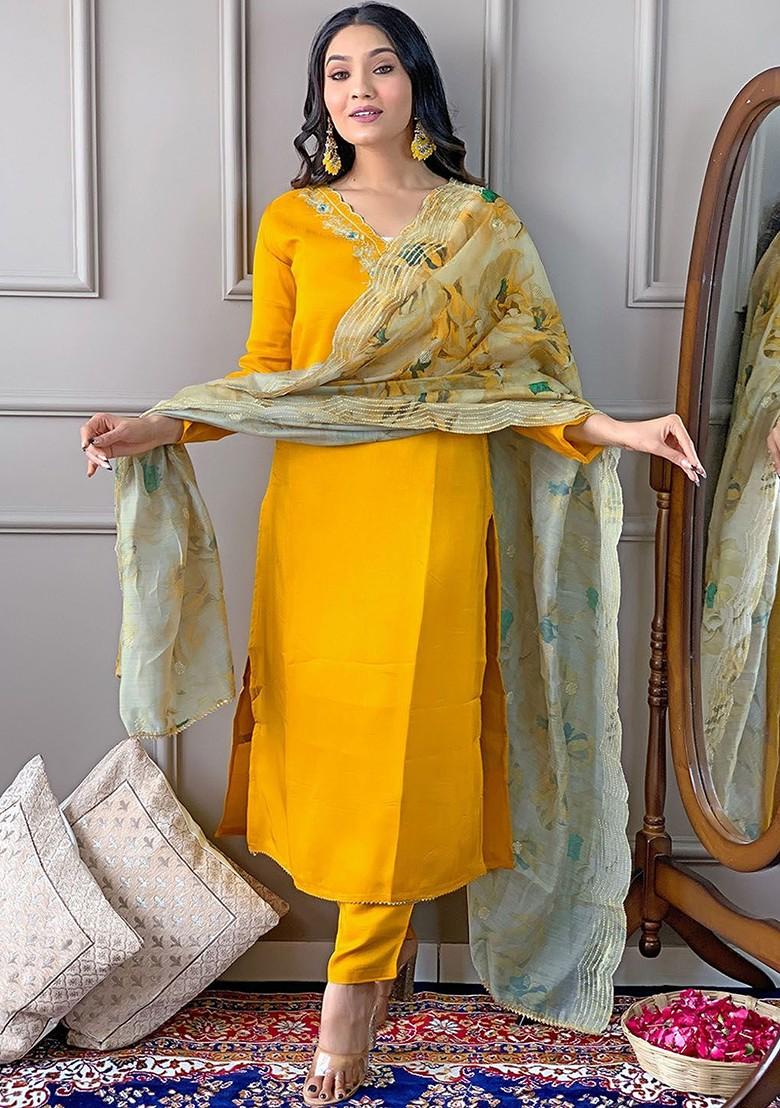 Yellow Floral Embroidered Poly Blend Kurta Set