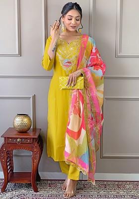 Mustard Floral Embroidered Poly Blend Kurta Set