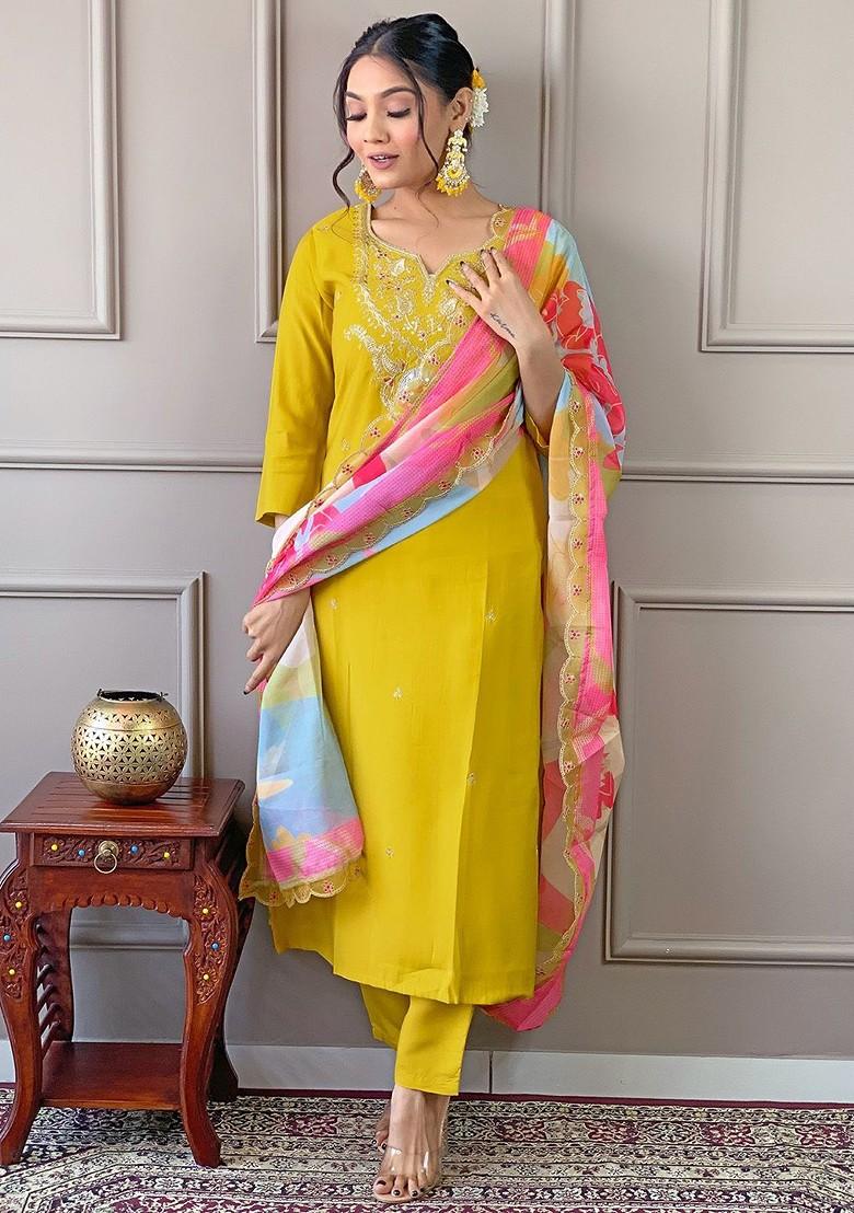 Mustard Floral Embroidered Poly Blend Kurta Set