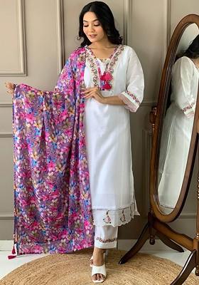 White Floral Embroidered Silk Kurta Set