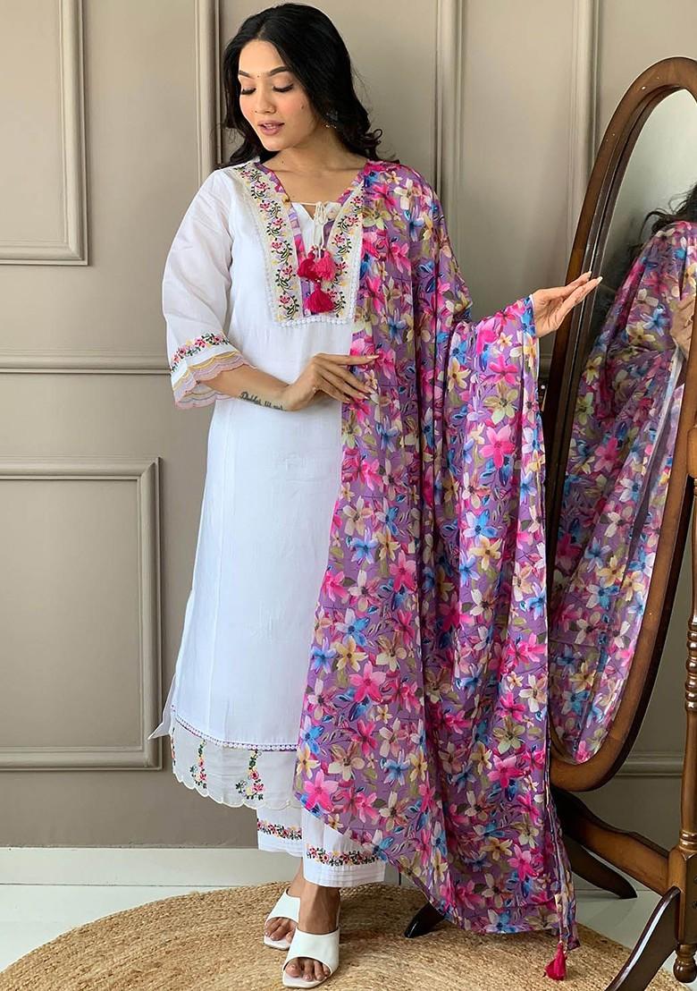 White Floral Embroidered Silk Kurta Set