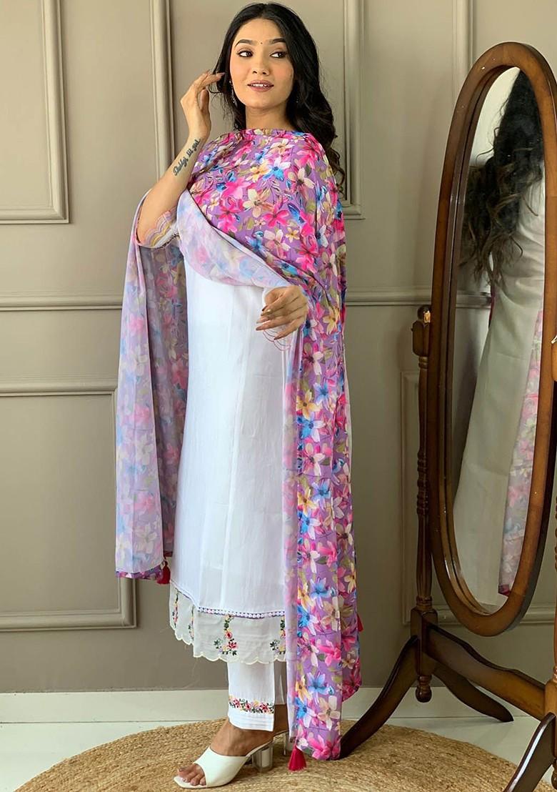 White Floral Embroidered Silk Kurta Set