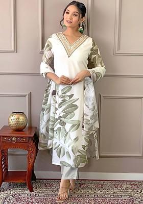 Olive Floral Embroidered Silk Kurta Set