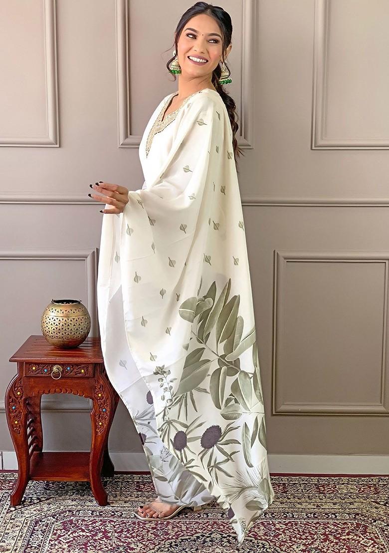 Olive Floral Embroidered Silk Kurta Set