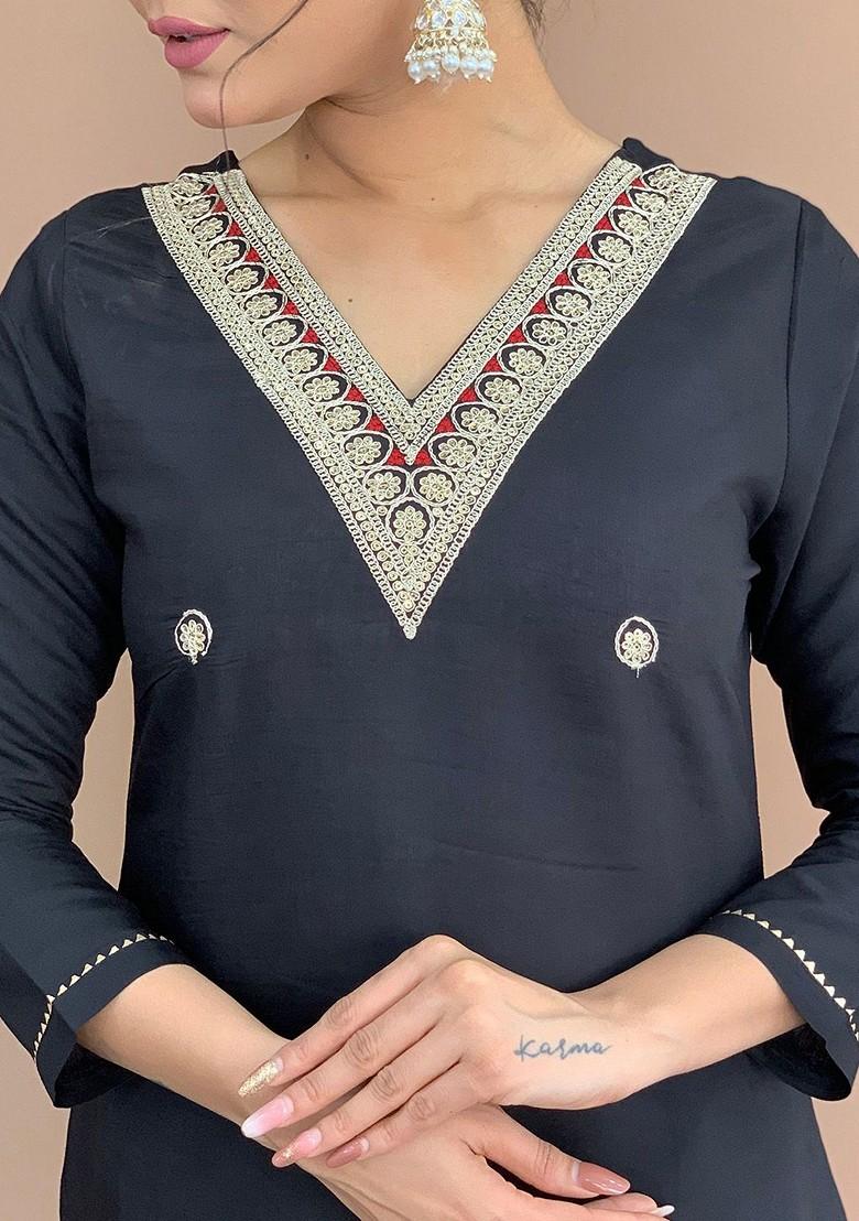 Black Floral Embroidered Poly Blend Kurta Set