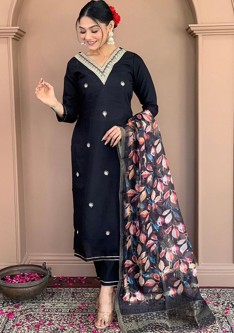 Black Floral Embroidered Poly Blend Kurta Set