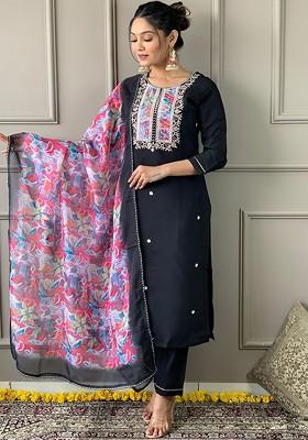 Black Floral Embroidered Poly Blend Kurta Set