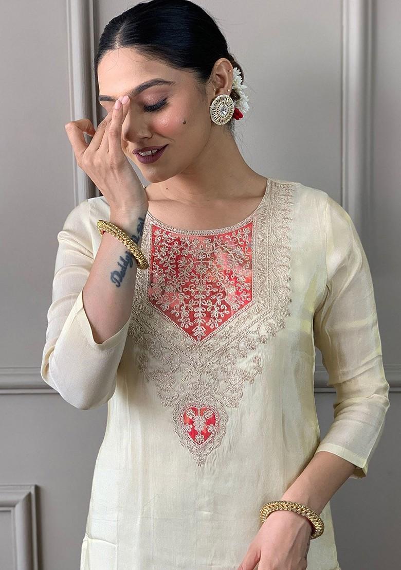 Cream Floral Embroidered Silk Kurta Set