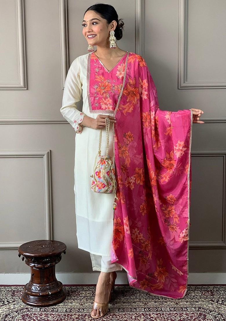 Pink Floral Embroidered Silk Kurta Set