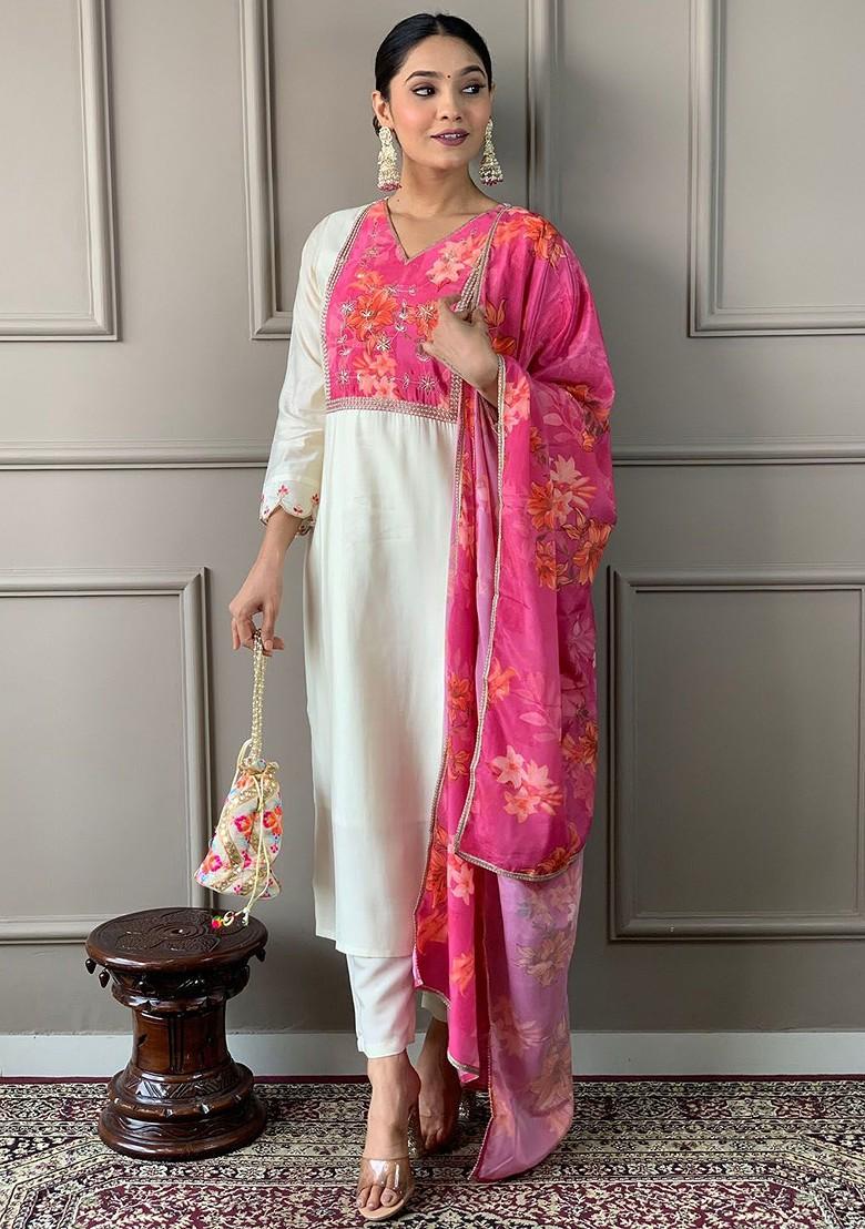 Pink Floral Embroidered Silk Kurta Set