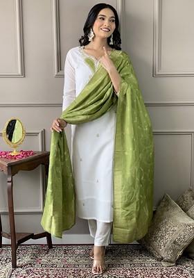 White Ethnic Motifs Embroidery Poly Blend Kurta Set