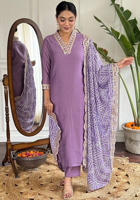 Purple Printed Poly Blend Kurta Set