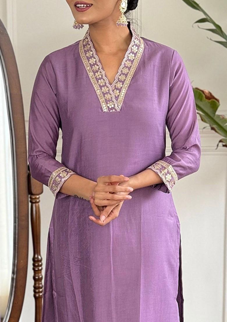 Purple Printed Poly Blend Kurta Set