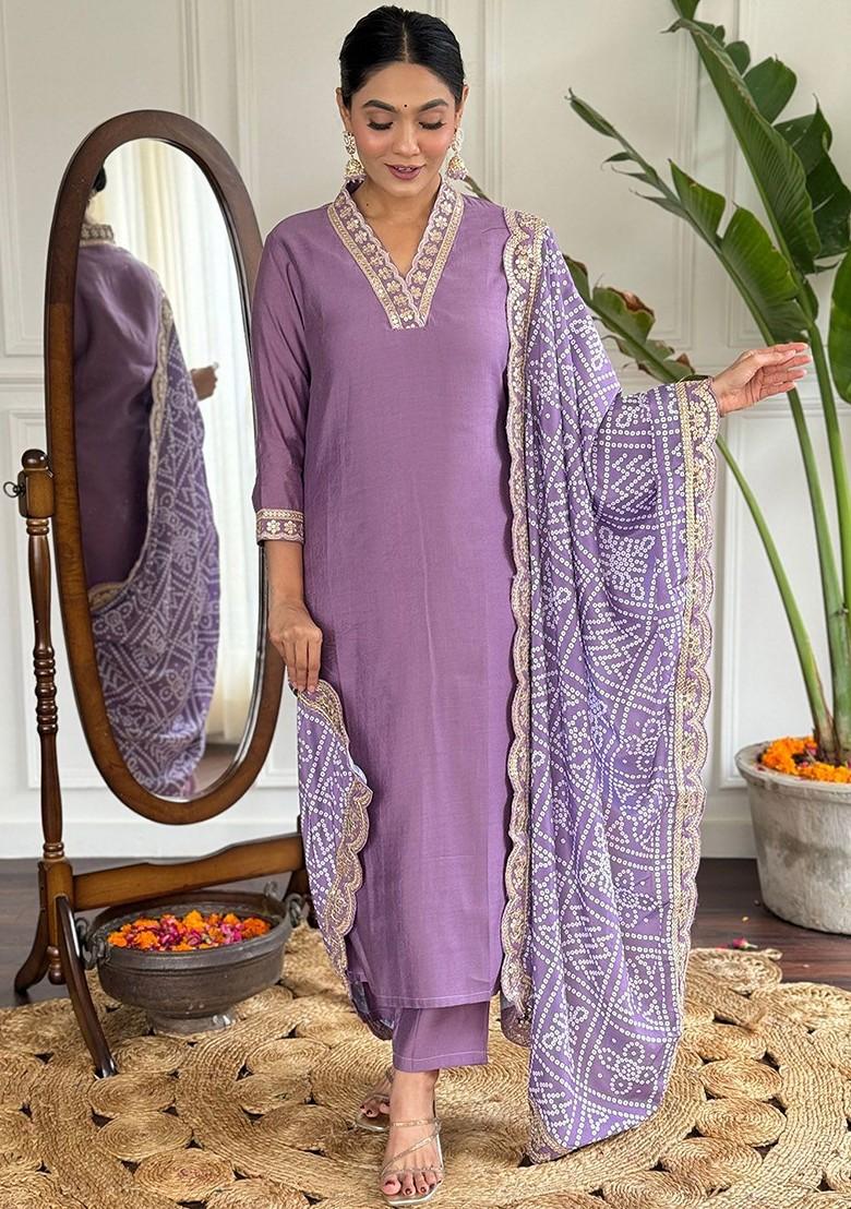Purple Printed Poly Blend Kurta Set