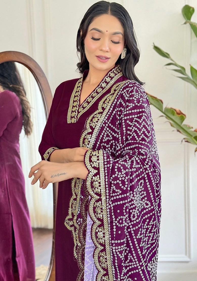 Maroon Printed Poly Blend Kurta Set