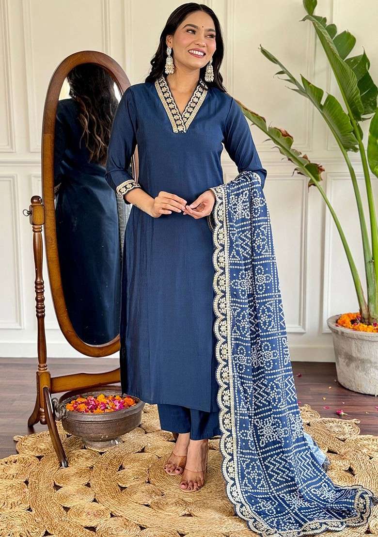 Blue Printed Poly Blend Kurta Set - Indya