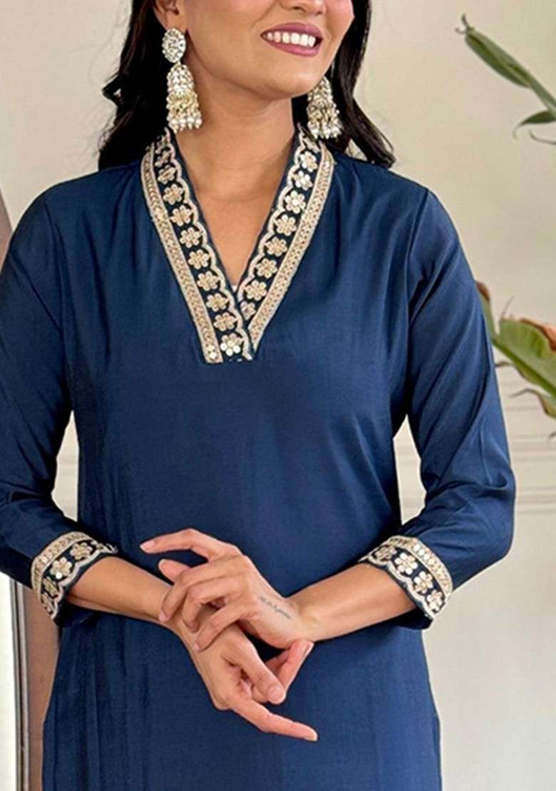 Blue Printed Poly Blend Kurta Set - Indya