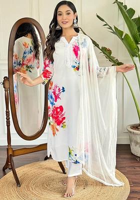 Cream Floral Embroidered Silk Kurta Set