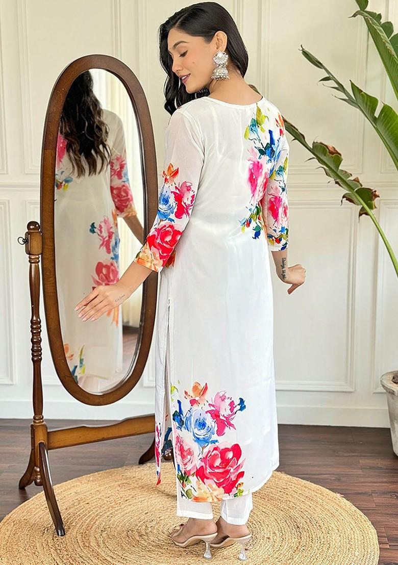 Cream Floral Embroidered Silk Kurta Set