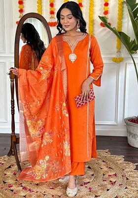 Orange Printed Silk Kurta Set
